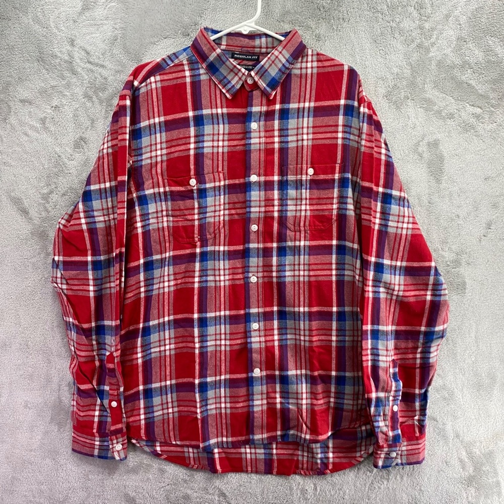 Old Navy Men Large Red Plaid Flannel Button Down Shirt Regular Fit